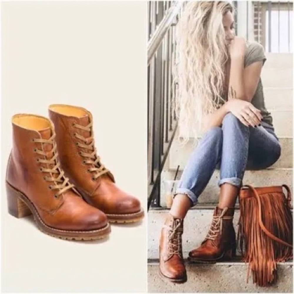 RARE Frye Sabrina 6G Lace Up Genuine Cognac Leather Classic Combat Ankle Boots
